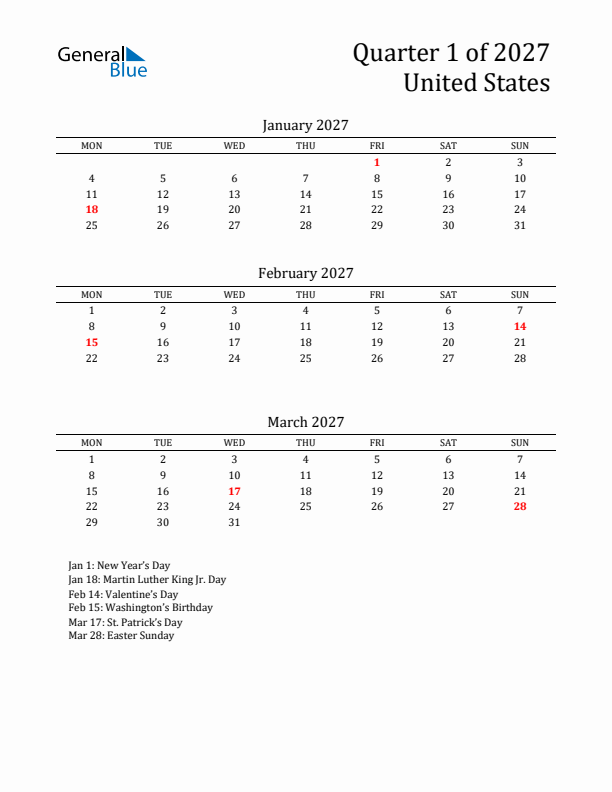 Quarter 1 2027 United States Quarterly Calendar