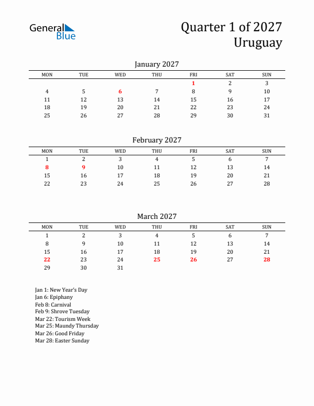 Quarter 1 2027 Uruguay Quarterly Calendar