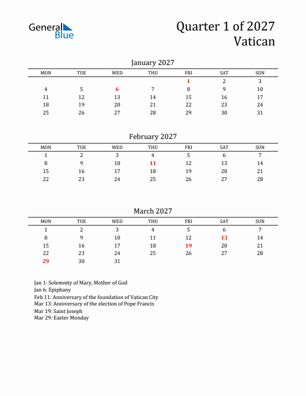 Quarter 1 2027 Vatican Quarterly Calendar