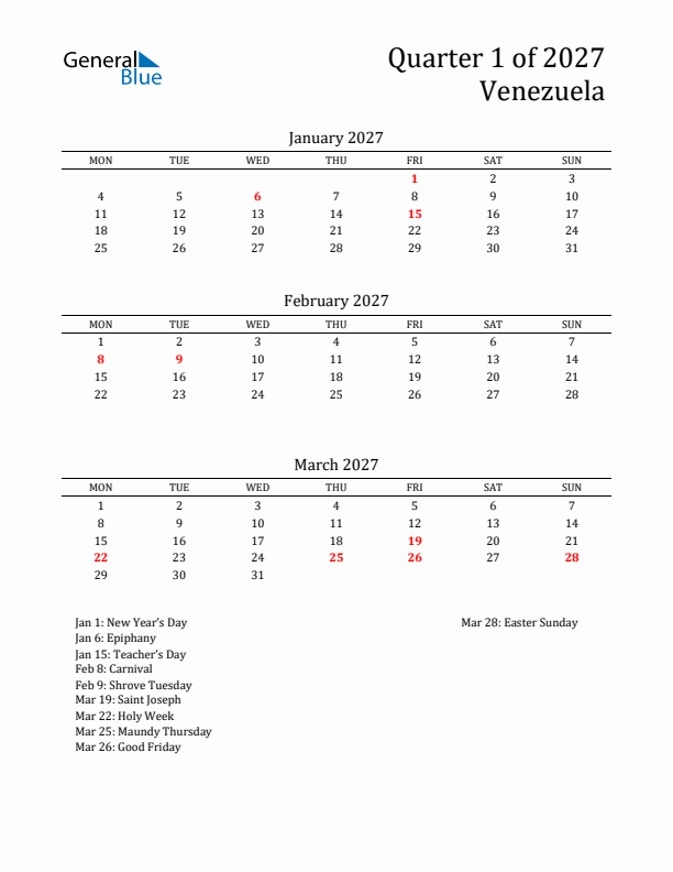 Quarter 1 2027 Venezuela Quarterly Calendar