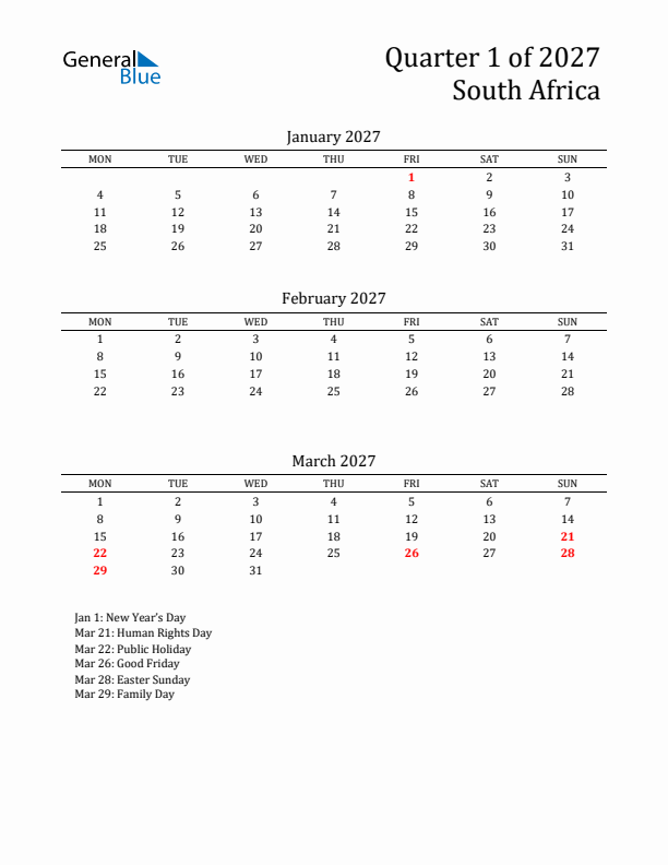 Quarter 1 2027 South Africa Quarterly Calendar