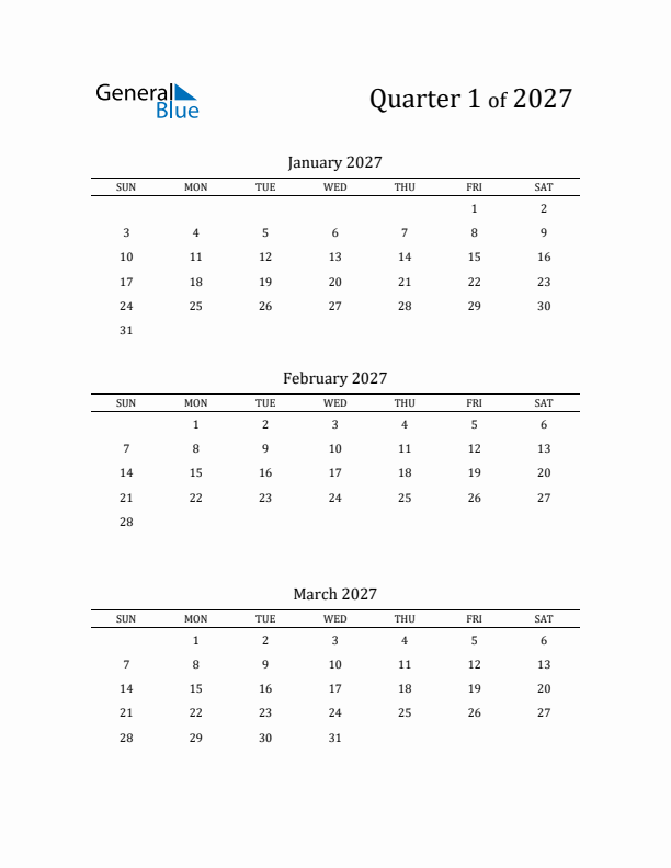 2027 Three-Month Calendar with Sunday Start - Quarter 1