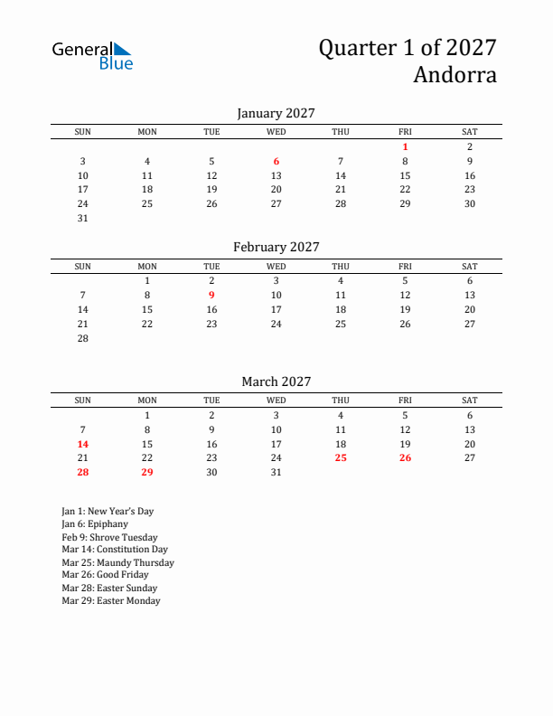 Quarter 1 2027 Andorra Quarterly Calendar