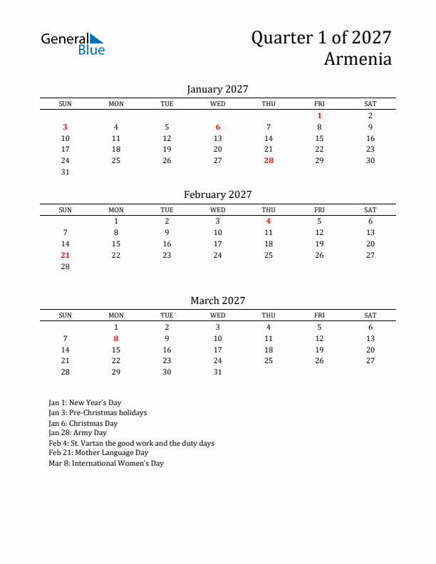 Quarter 1 2027 Armenia Quarterly Calendar