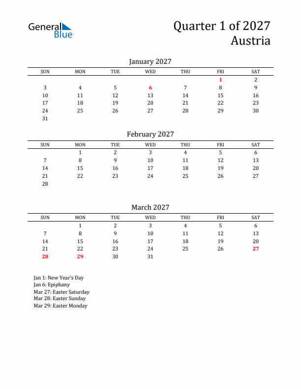 Quarter 1 2027 Austria Quarterly Calendar