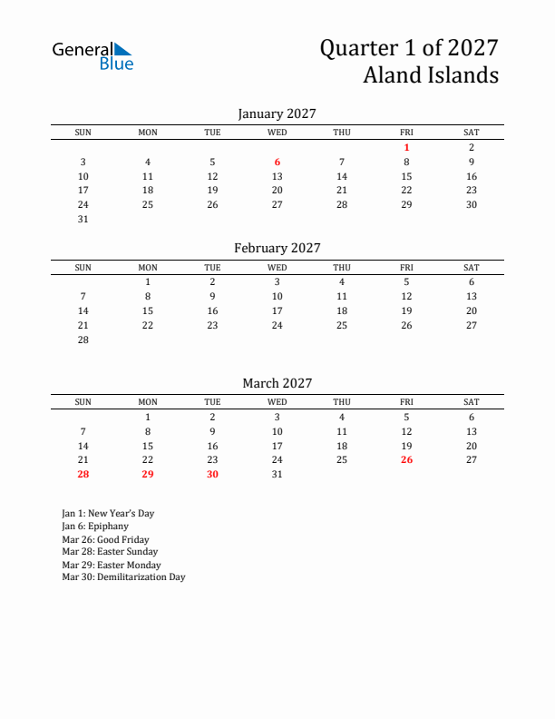 Quarter 1 2027 Aland Islands Quarterly Calendar