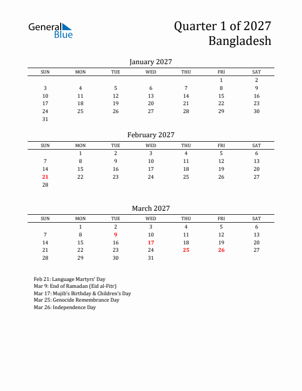 Quarter 1 2027 Bangladesh Quarterly Calendar