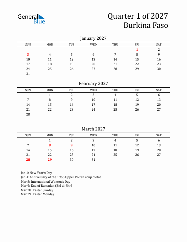 Quarter 1 2027 Burkina Faso Quarterly Calendar