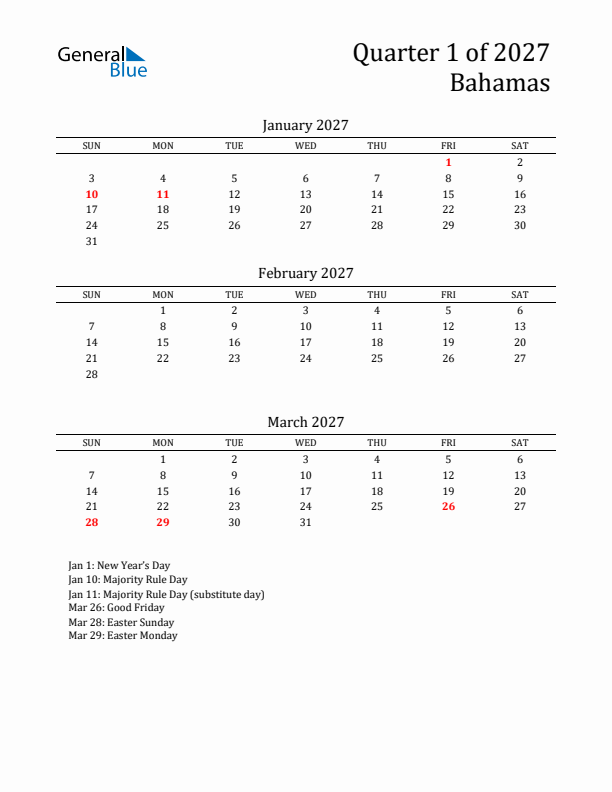 Quarter 1 2027 Bahamas Quarterly Calendar