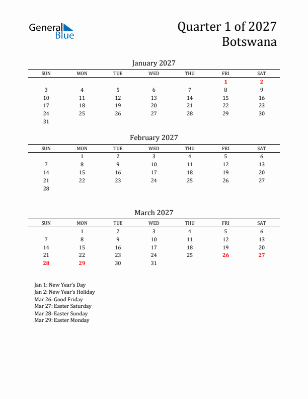 Quarter 1 2027 Botswana Quarterly Calendar