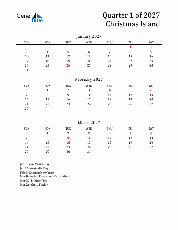 Quarter 1 2027 Christmas Island Quarterly Calendar