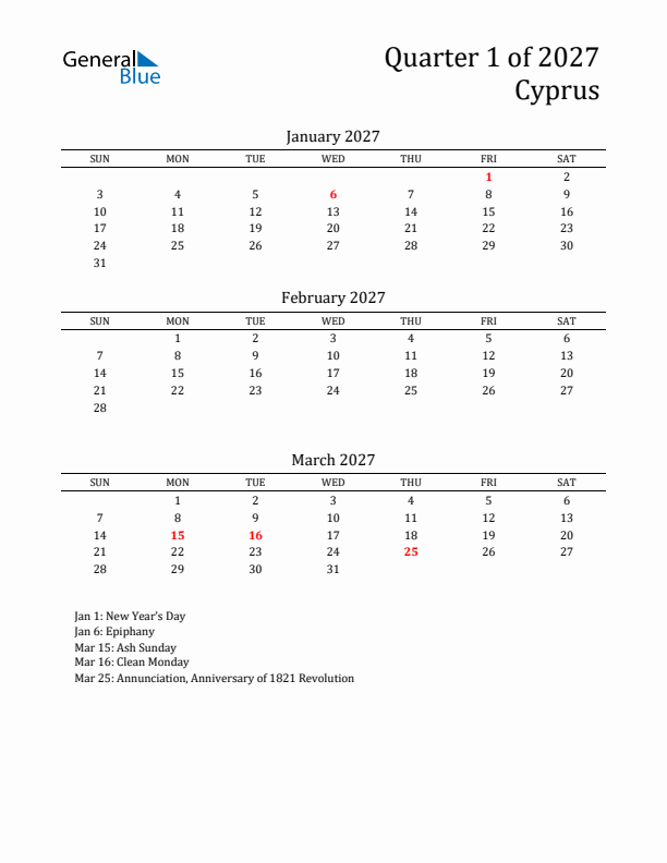 Quarter 1 2027 Cyprus Quarterly Calendar