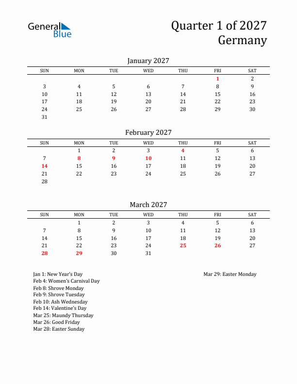 Quarter 1 2027 Germany Quarterly Calendar