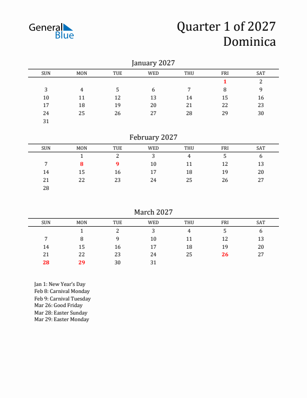 Quarter 1 2027 Dominica Quarterly Calendar