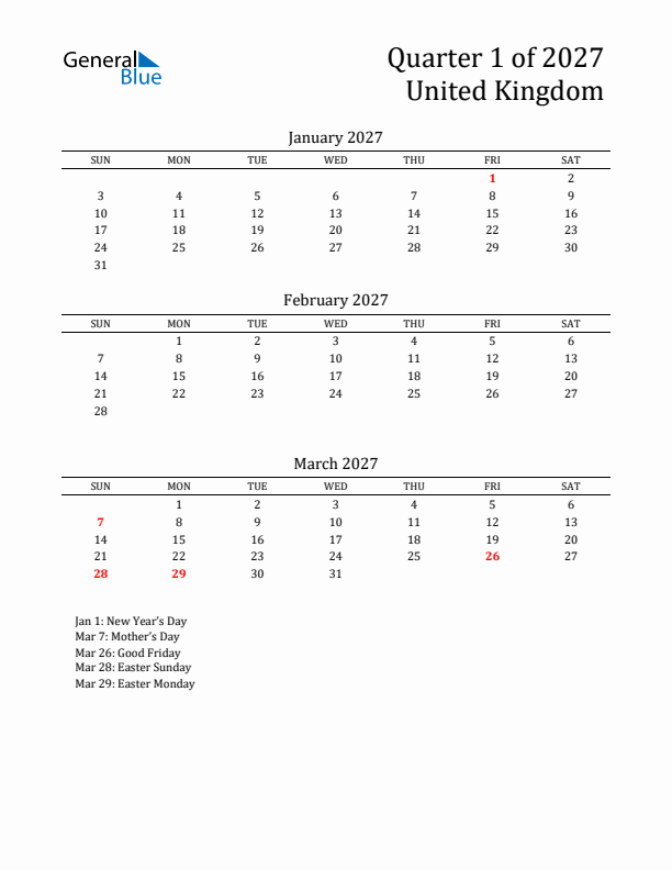 Quarter 1 2027 United Kingdom Quarterly Calendar