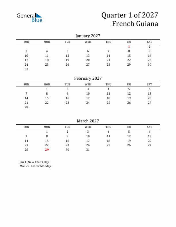 Quarter 1 2027 French Guiana Quarterly Calendar