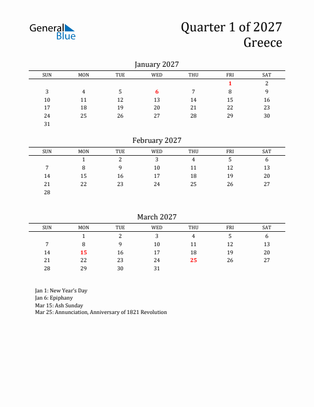 Quarter 1 2027 Greece Quarterly Calendar