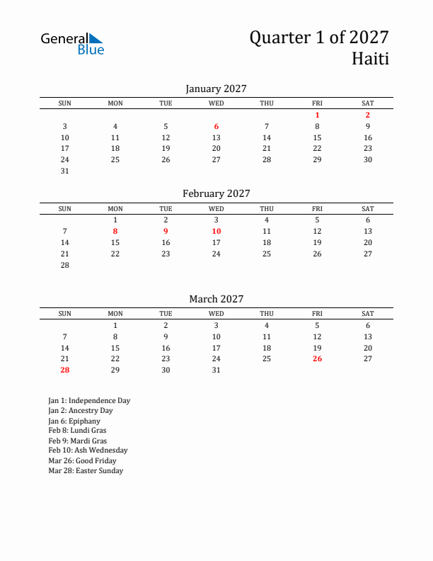 Quarter 1 2027 Haiti Quarterly Calendar