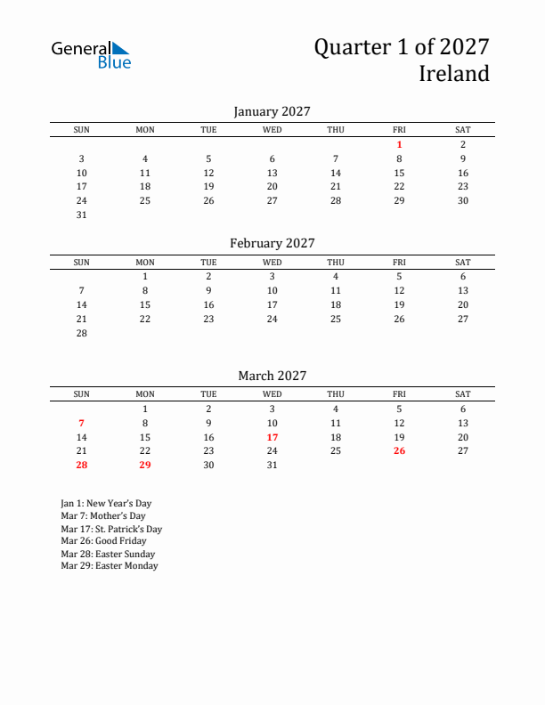 Quarter 1 2027 Ireland Quarterly Calendar