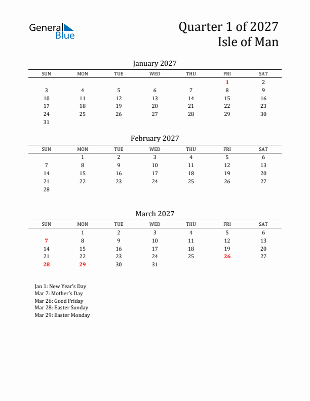 Quarter 1 2027 Isle of Man Quarterly Calendar