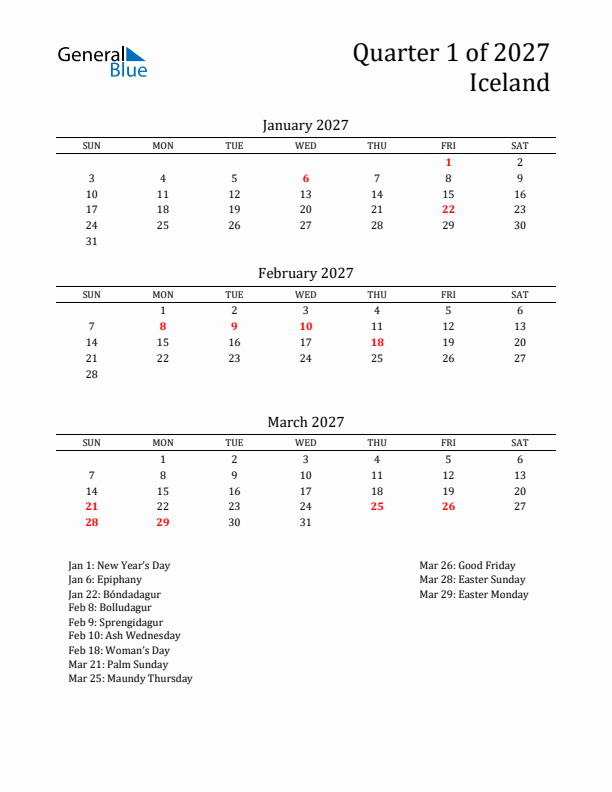 Quarter 1 2027 Iceland Quarterly Calendar