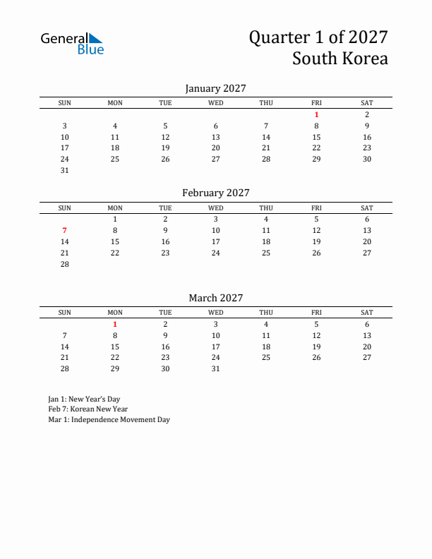 Quarter 1 2027 South Korea Quarterly Calendar