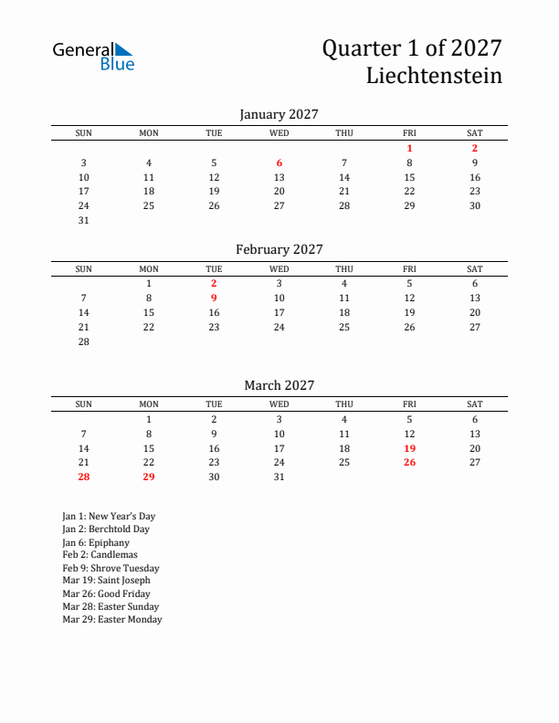 Quarter 1 2027 Liechtenstein Quarterly Calendar