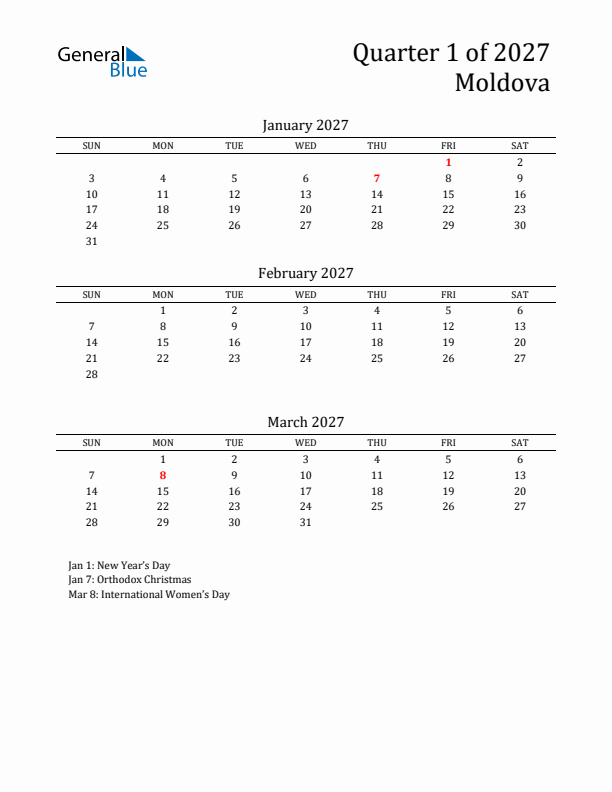 Quarter 1 2027 Moldova Quarterly Calendar