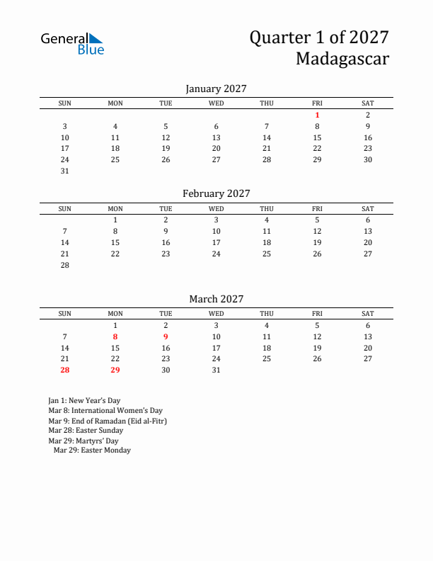 Quarter 1 2027 Madagascar Quarterly Calendar