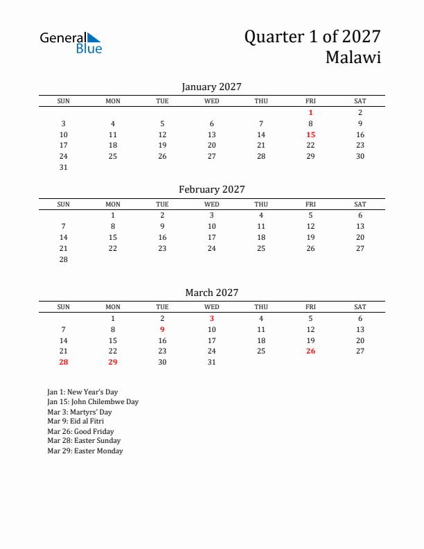 Quarter 1 2027 Malawi Quarterly Calendar