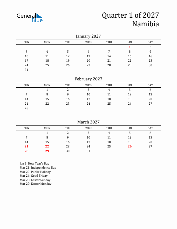 Quarter 1 2027 Namibia Quarterly Calendar