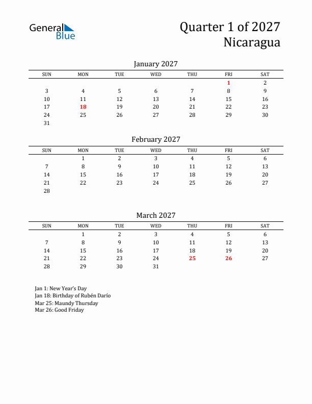 Quarter 1 2027 Nicaragua Quarterly Calendar