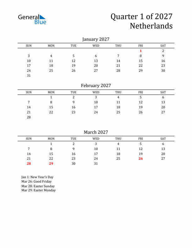 Quarter 1 2027 The Netherlands Quarterly Calendar