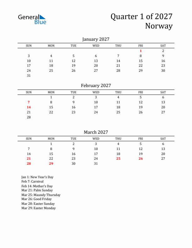 Quarter 1 2027 Norway Quarterly Calendar