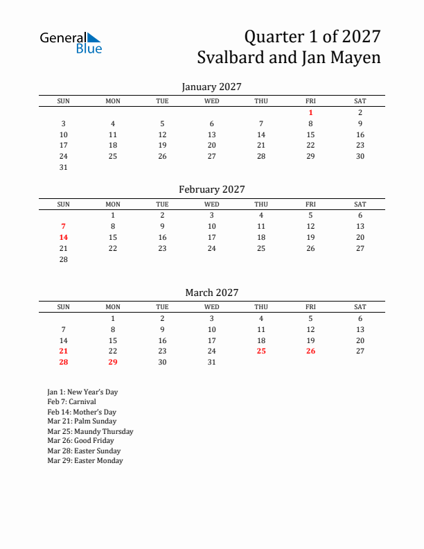 Quarter 1 2027 Svalbard and Jan Mayen Quarterly Calendar