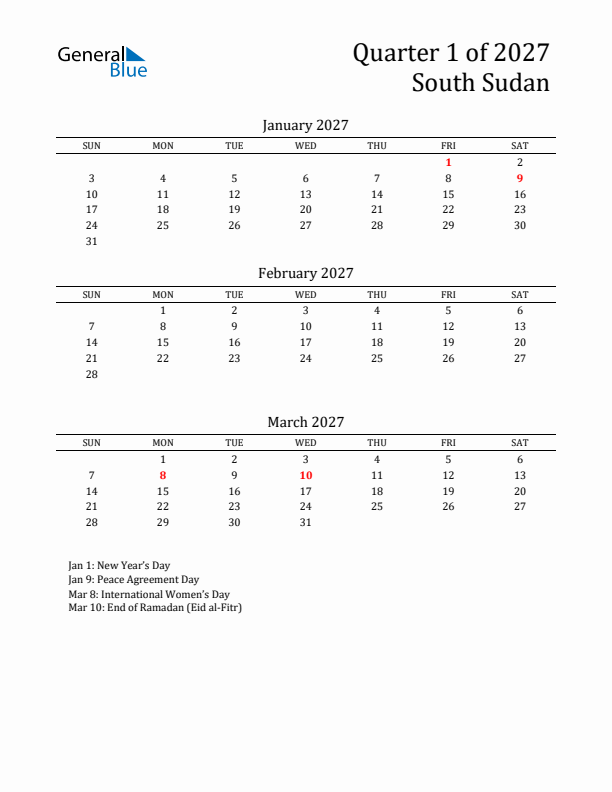 Quarter 1 2027 South Sudan Quarterly Calendar