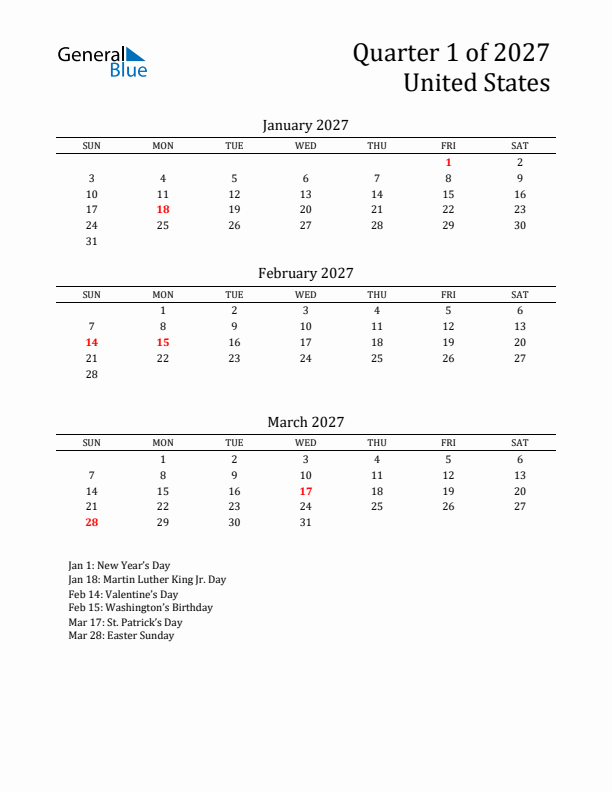 Quarter 1 2027 United States Quarterly Calendar