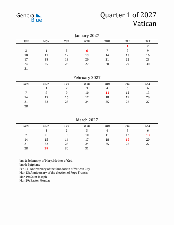 Quarter 1 2027 Vatican Quarterly Calendar