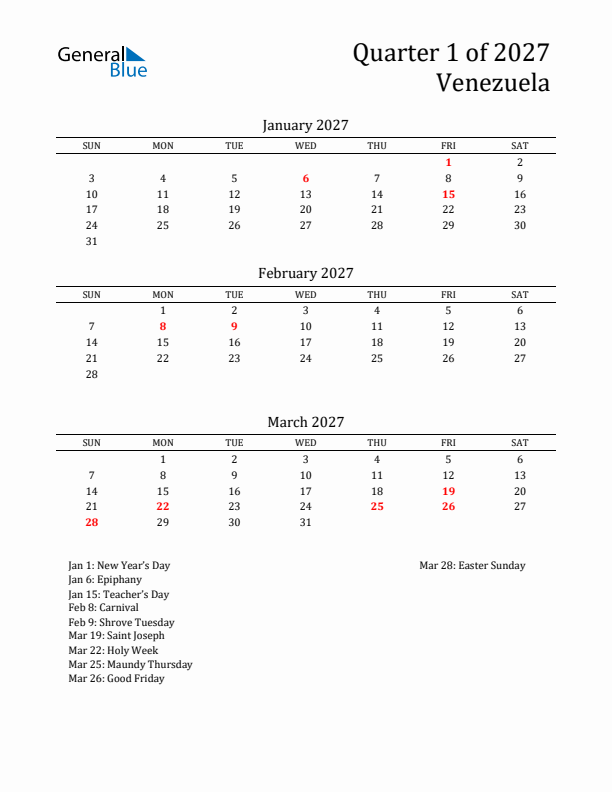 Quarter 1 2027 Venezuela Quarterly Calendar