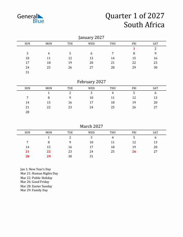 Quarter 1 2027 South Africa Quarterly Calendar