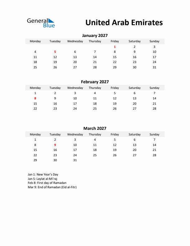 Printable Quarterly Calendar with Notes and United Arab Emirates Holidays- Q1 of 2027