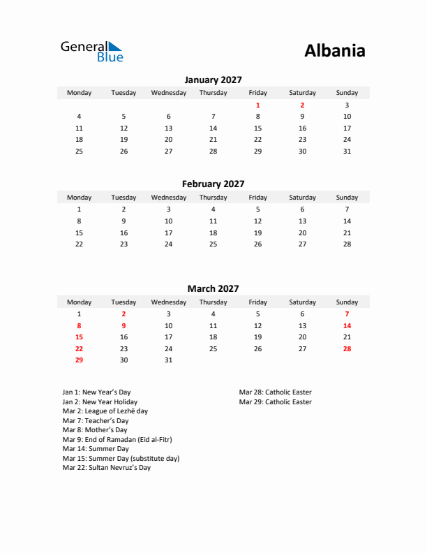 Printable Quarterly Calendar with Notes and Albania Holidays- Q1 of 2027