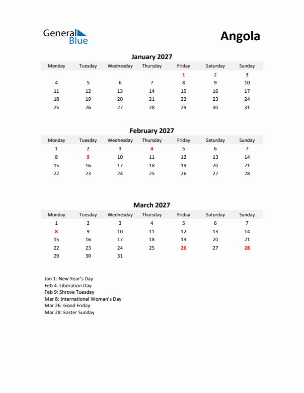 Printable Quarterly Calendar with Notes and Angola Holidays- Q1 of 2027