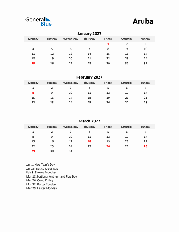 Printable Quarterly Calendar with Notes and Aruba Holidays- Q1 of 2027