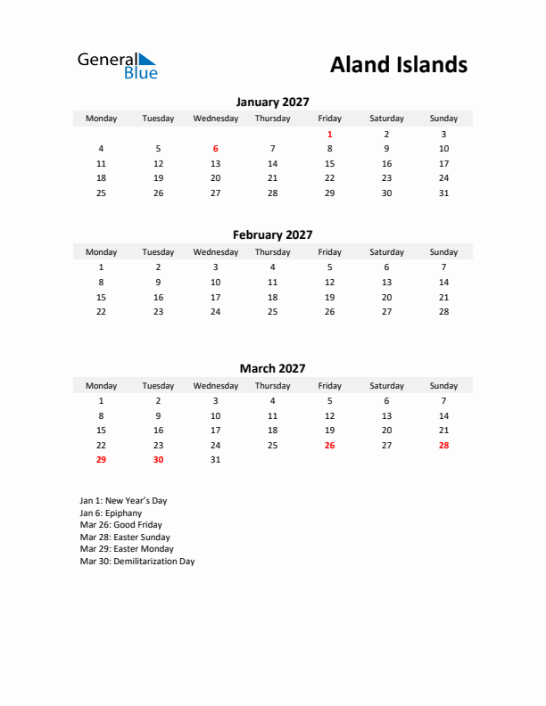 Printable Quarterly Calendar with Notes and Aland Islands Holidays- Q1 of 2027