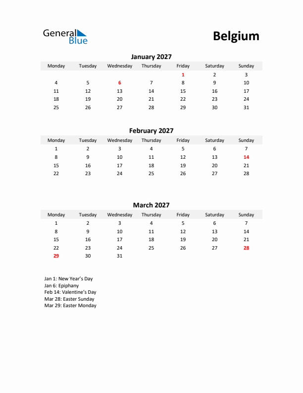 Printable Quarterly Calendar with Notes and Belgium Holidays- Q1 of 2027