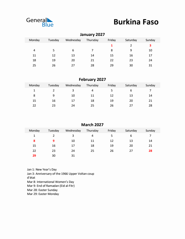 Printable Quarterly Calendar with Notes and Burkina Faso Holidays- Q1 of 2027