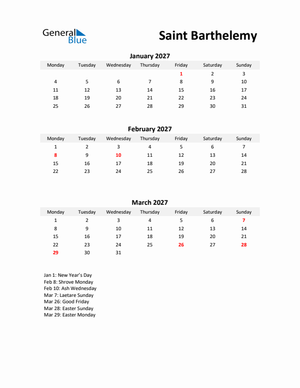 Printable Quarterly Calendar with Notes and Saint Barthelemy Holidays- Q1 of 2027