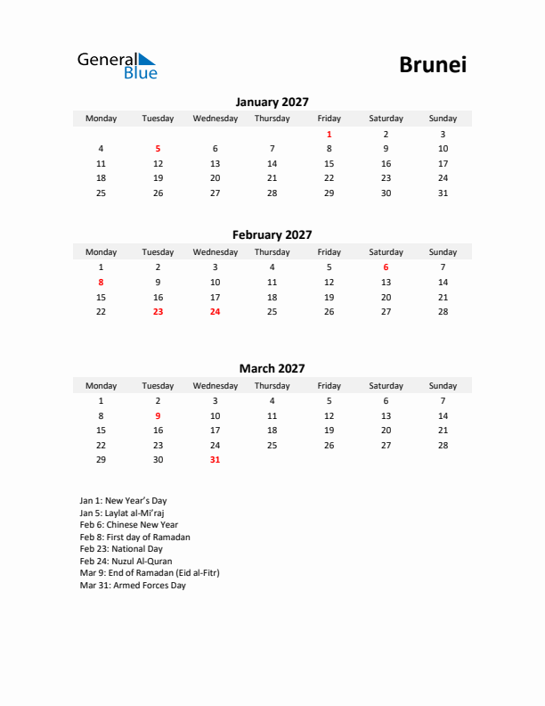 Printable Quarterly Calendar with Notes and Brunei Holidays- Q1 of 2027