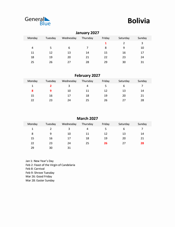 Printable Quarterly Calendar with Notes and Bolivia Holidays- Q1 of 2027